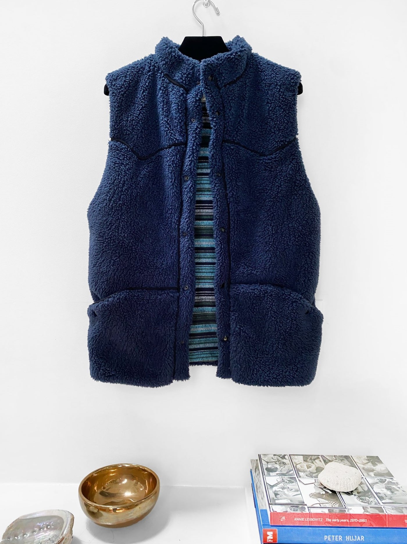 Faux Shearling Snap Front Vest Navy – First By Madeline