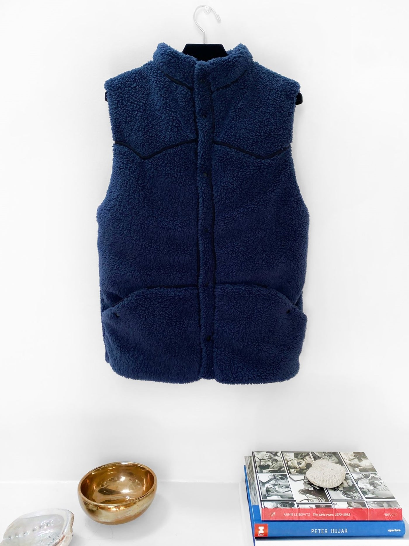 Faux Shearling Snap Front Vest Navy – First By Madeline